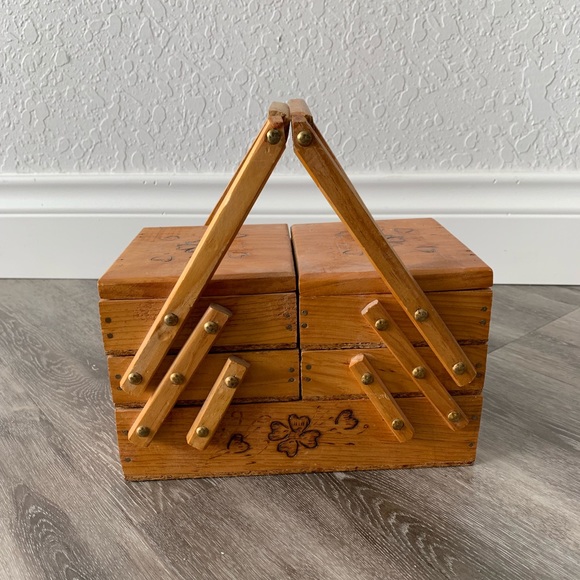 Other - Vintage Mini Wooden Accordion Carved Sewing Box